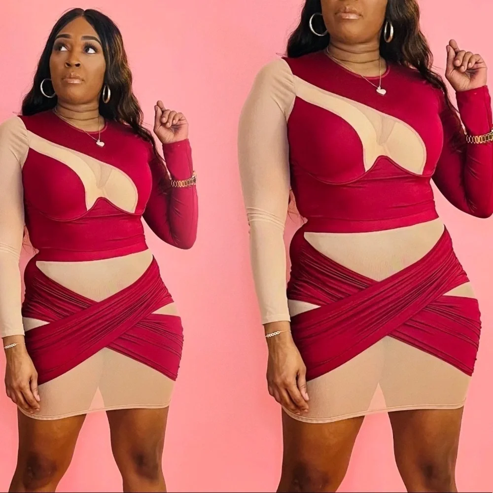 NEW TRENDY LONG SLEEVE WIRE BRA CROP TOP AND MIDI MESH BODYCON SKIRT SET